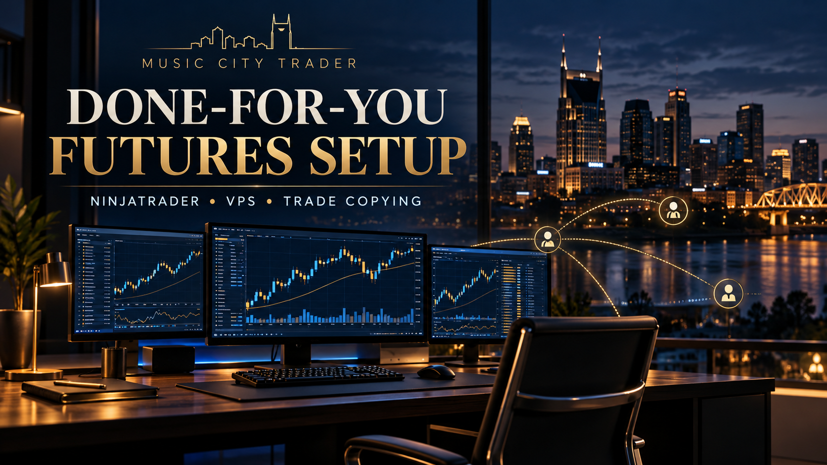 Done-for-you futures trading setup with a multi-monitor workstation and Nashville skyline